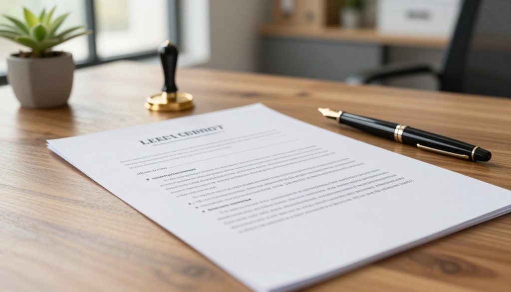 A close-up of a legally binding contract laid out on a polished wooden desk, showcasing important elements like a golden seal and a sophisticated fountain pen beside it. The document is beautifully formatted, with clear headings and bullet points emphasizing key points. In the background, slightly blurred, are a potted plant and a modern, well-lit office space, creating a professional atmosphere. Soft natural sunlight filters through a nearby window, enhancing the clarity of the contract, creating a warm and inviting ambiance. The focus is on the contract, conveying a sense of importance and seriousness, reflecting the best practices involved in creating legally binding agreements.