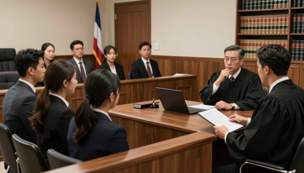 A courtroom scene depicting the post-arrest legal process. In the foreground, a diverse group of individuals in professional business attire—an attorney consulting with a client and a judge at the bench, looking thoughtfully at legal documents. In the middle ground, a small jury observing quiet yet engaged, with expressions of seriousness. The background features classic courtroom elements: wooden paneling, a flag, and shelves filled with law books. Bright, soft lighting illuminates the scene, casting gentle shadows, creating a focused yet somber atmosphere. The angle is slightly elevated, providing a clear view of the dynamics within the courtroom, emphasizing the seriousness of the legal proceedings to reinforce the theme of rights and due process.