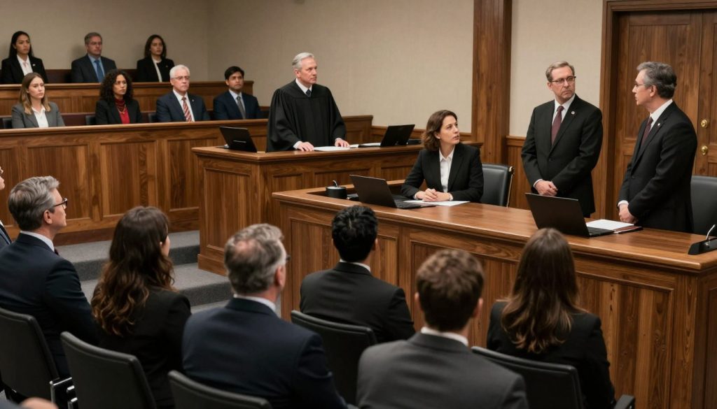 A courtroom scene illustrating the criminal trial process. In the foreground, a diverse group of jurors, including men and women in professional attire, attentively listen to the proceedings. In the middle ground, a judge presides over the trial from an elevated bench, wearing traditional judicial robes, while a defense attorney and a prosecuting attorney stand at their respective tables, engaged in a tense exchange. The background features a gallery of spectators, with varied expressions reflecting concern and curiosity. Warm, soft lighting illuminates the wooden decor, creating a serious yet focused atmosphere. The image should be shot from a slightly elevated angle, showcasing the structured layout of the courtroom. The mood captures the gravity of justice being served, highlighting the intricate dynamics of the trial process.