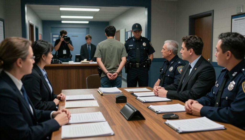 A detailed depiction of the criminal case process. In the foreground, a diverse group of individuals dressed in professional business attire, including police officers, lawyers, and a judge, is gathered around a large wooden table filled with files and documents. In the middle ground, a police officer is leading a handcuffed individual, dressed in casual yet modest clothing, toward a booking desk with a photographer capturing the moment. In the background, a darkened hallway of a police station is visible with stark fluorescent lighting, creating a serious atmosphere. The lens is set to capture a slightly tilted perspective, emphasizing the tension in the scene. The overall mood is somber yet focused, reflecting the gravity of the criminal case process from arrest to booking.
