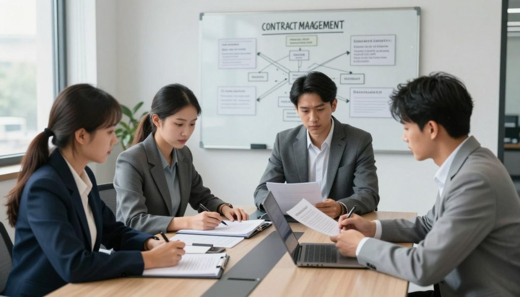 A modern office environment showcasing contract management in action. In the foreground, a diverse group of three professionals—two men and one woman—are seated around a sleek conference table, reviewing and discussing business contracts. They are dressed in professional business attire, exuding focus and determination. The middle ground features open folders filled with neatly arranged documents and a laptop, emphasizing organization and detail. In the background, a large whiteboard displays mind maps and strategies related to contract management, hinting at a collaborative effort. Soft, natural lighting filters through large windows, creating an atmosphere of productivity and teamwork. The composition is captured from a slightly elevated angle, providing a comprehensive view of the scene while highlighting the importance of strong business agreements.