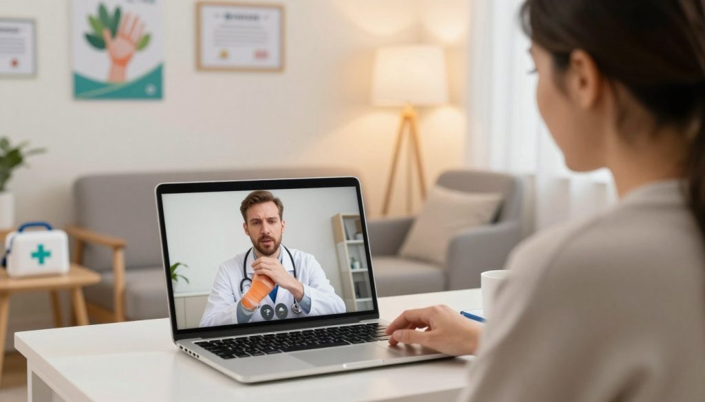 A modern telemedicine setup for injury assessment, featuring a healthcare professional in professional attire, engaging with a patient via a video call on a sleek laptop. In the foreground, focus on the laptop screen displaying a close-up of the patient's injured hand, while the doctor's concerned expression reveals empathy and attentiveness. The middle ground includes a cozy home environment with soft, warm lighting, showcasing a comfortable chair and a small table with medical supplies like a first aid kit. The background features a calming wall with health posters and diplomas, promoting a sense of professionalism and trust. Overall, the image should convey a sense of support, care, and accessibility, highlighting the importance of remote medical assistance after an injury.