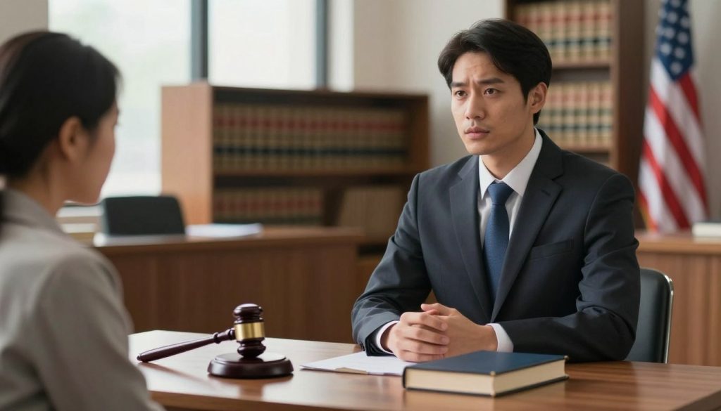 A professional attorney in a business suit stands confidently in the foreground, engaged in a discussion with a concerned individual dressed in modest casual clothing. Their expressions convey a sense of seriousness and determination. In the middle ground, a symbolic representation of criminal defense rights, such as a gavel and a law book, is placed on a polished wooden table. The background features a soft-focus courtroom scene, with shelves of legal books and American flags subtly illuminated by natural light streaming through a window. The overall mood is serious yet hopeful, emphasizing the importance of legal rights after an arrest. The image should have warm lighting, capturing a realistic portrayal with a shallow depth of field to draw focus to the figures in the forefront.