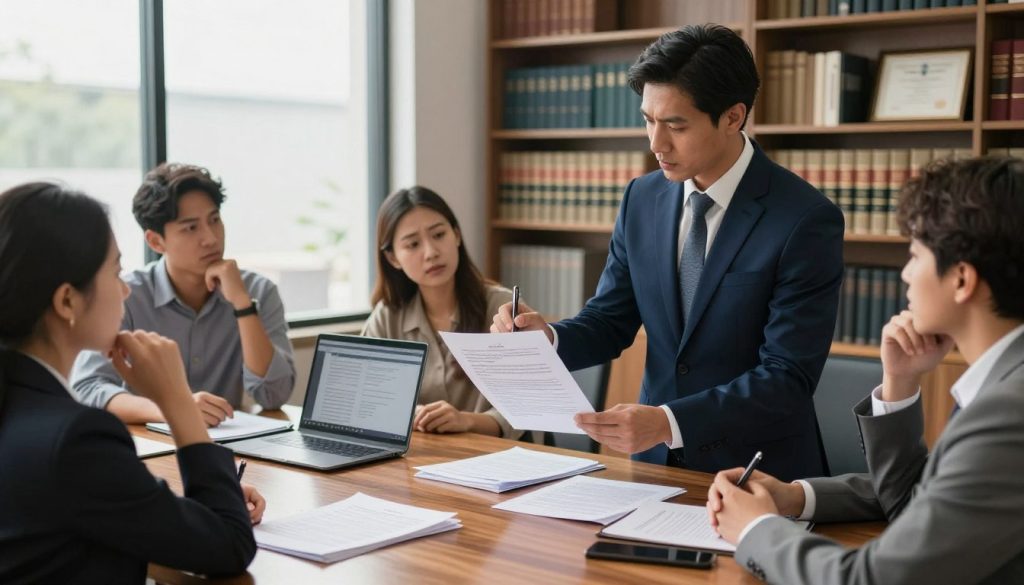 A professional attorney standing confidently in an office, engaged in strategic discussion with a diverse group of clients. In the foreground, the attorney, dressed in a tailored navy suit, holds a legal document, pointing at key points with a pen. The clients, a mix of genders and ethnicities in modest casual business attire, show expressions of determination and concern. In the middle ground, a large, polished wooden table is strewn with legal texts and case files, while a laptop displays relevant legal data. In the background, large windows let in soft, natural light, illuminating the well-organized office space filled with legal books and framed certificates. The mood is serious yet focused, evoking a sense of support and professionalism in navigating legal challenges.