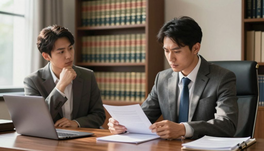 A professional environment depicting a criminal defense attorney and client in an office setting. In the foreground, a confident attorney in a tailored suit sits at a sleek wooden desk, reviewing legal documents with a focused expression. The client, dressed in business casual attire, looks engaged and contemplative. In the middle ground, a large bookshelf filled with law books and case files adds depth to the scene. The background features a window with natural sunlight filtering through, casting soft shadows and illuminating the workspace, creating an inviting atmosphere. The mood is serious yet hopeful, emphasizing the importance of securing legal representation and the collaborative nature of the attorney-client relationship. Use a shallow depth of field to subtly blur the background while keeping the subjects sharp and clear.