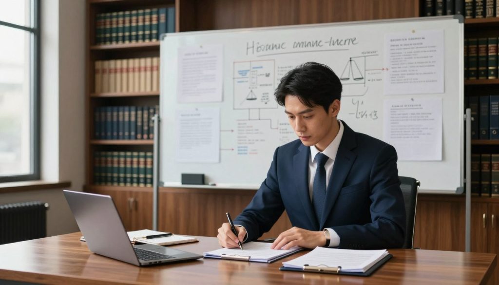 A professional lawyer in a sleek, modern office space, deeply focused on developing a case strategy. In the foreground, the lawyer, dressed in a tailored navy suit, is seated at a polished wooden desk scattered with legal documents, notebooks, and a laptop, embodying a sense of determination and expertise. In the middle ground, a large whiteboard is filled with notes, diagrams, and case outcomes, illustrating the complexity of building a strong defense. The background reveals bookshelves lined with legal textbooks and files, creating an atmosphere of knowledge and preparation. Soft, warm lighting illuminates the scene, casting gentle shadows, while a large window allows natural light to filter in, enhancing the professional and thoughtful mood of the setting.