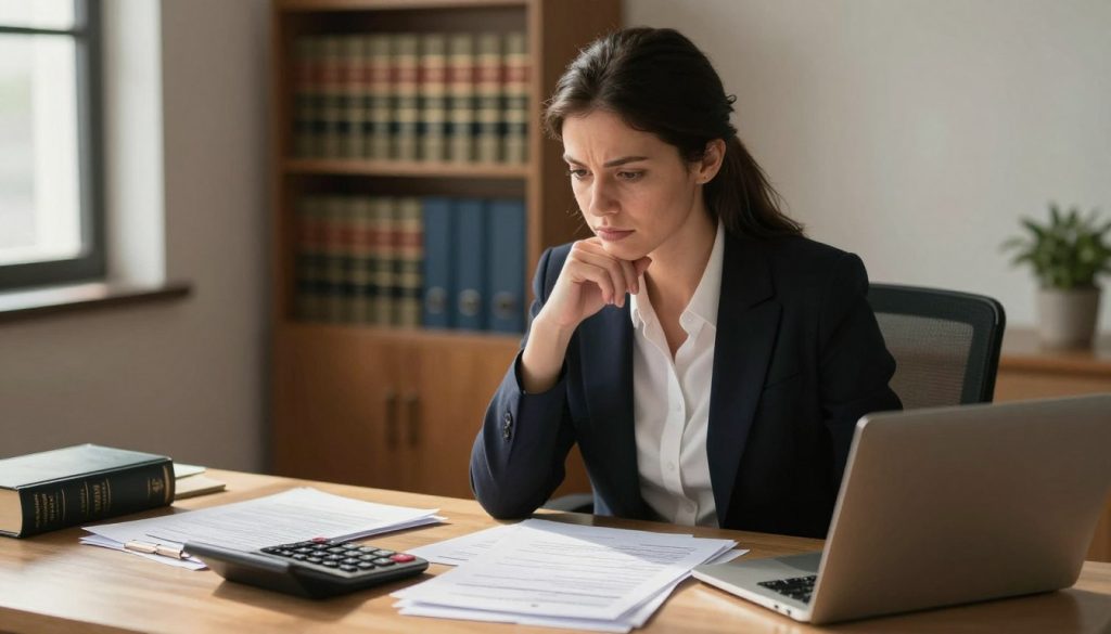 A professional-looking woman in business attire sits at a desk strewn with paperwork, accident reports, and a laptop, deep in thought. On the desk, a calculator and a legal book are visible, symbolizing financial and legal considerations. In the background, a softly blurred office setting with shelves containing law books and financial directories adds depth. The lighting is warm and inviting, creating a focused atmosphere. A nearby window lets in natural light, casting soft shadows that enhance the mood of seriousness and contemplation. The woman's expression is one of determination and clarity, reflecting the challenges of navigating post-accident intricacies. The image should be carefully composed from a slightly elevated angle, emphasizing both the desk's contents and the figure's engagement with the situation.