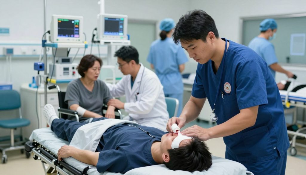 A scene depicting a busy hospital emergency room after a car accident. In the foreground, an emergency medical technician in professional attire is assisting an injured individual on a stretcher, applying a bandage to a head wound, their expression serious yet compassionate. The middle ground features a doctor examining another accident victim, who is seated in a wheelchair, looking anxious but receiving comforting words. In the background, medical staff are bustling around, with equipment and monitors indicating a trauma alert. The lighting is bright and sterile, typical of an emergency setting, capturing an urgent yet supportive atmosphere. The angle is slightly elevated, providing a comprehensive view of the action while emphasizing the importance of immediate medical care.