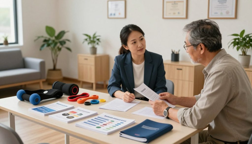 A serene office space dedicated to car crash recovery, with a well-organized table in the foreground displaying a variety of rehabilitation resources such as pamphlets, exercise equipment, and supportive tools. In the middle, a professional counselor in smart casual attire talks to a middle-aged individual who is reviewing materials, conveying a sense of empathy and guidance. The background features a calm and inviting waiting area with soft lighting, framed certificates on the walls, and potted plants that promote a soothing atmosphere. Use natural light to create a warm, hopeful mood, shot from a slightly elevated angle to capture the environment clearly.