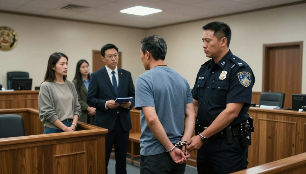 A tense courtroom scene depicting the immediate aftermath of an arrest. In the foreground, a police officer in professional attire is handcuffing a middle-aged person, showing an expression of concern. The middle ground features a small group of individuals, including a lawyer in a tailored suit, discussing strategy, and a concerned family member in modest casual clothing. The background reveals the interior of a courtroom, with wooden benches, a judge's bench, and legal books. Soft overhead lighting casts a serious yet focused atmosphere, emphasizing the gravity of the situation. A wide-angle perspective captures the interplay of emotions, illustrating the urgency and complexities of the legal process.