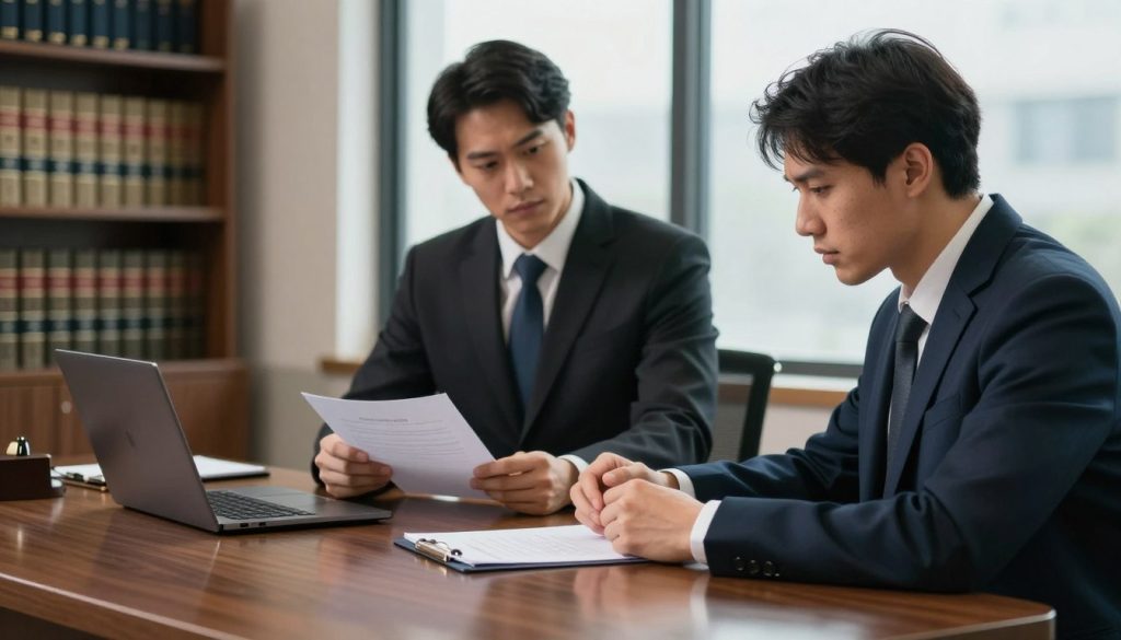 A tense yet focused scene depicting post-arrest procedures set within a law office environment. In the foreground, a concerned individual, dressed in professional business attire, sits at a polished wooden desk, looking at legal documents with an expression of determination. The middle ground features a professional lawyer, also in business attire, reviewing a file and offering guidance, creating a sense of collaboration. The background shows bookshelves filled with legal books and a large window allowing soft, natural light to illuminate the room, enhancing the serious yet hopeful atmosphere. The image captures the immediate actions following a criminal charge, emphasizing a sense of urgency and support while remaining professional and respectful.