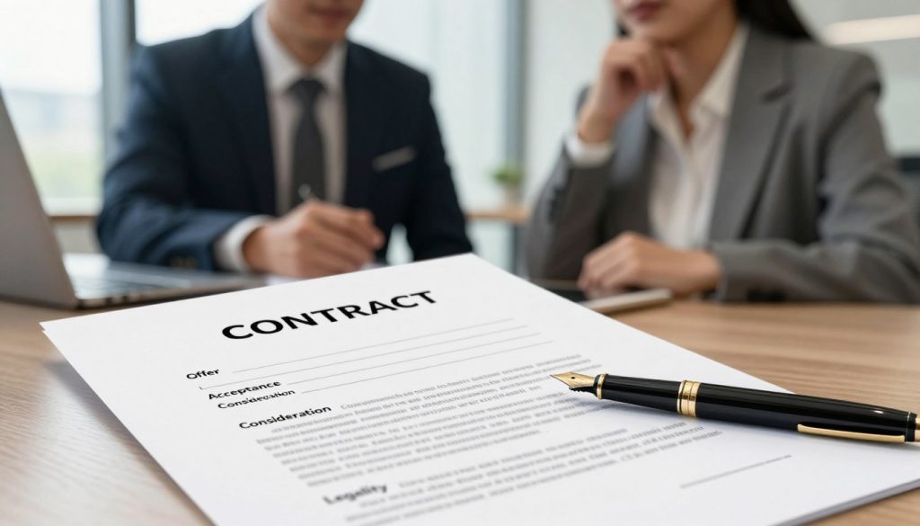 A visually striking illustration depicting the essential elements of a contract. In the foreground, an elegantly designed contract document, with clearly visible headings such as "Offer," "Acceptance," "Consideration," and "Legality." Beside it, a stylish fountain pen rests, symbolizing commitment. In the middle ground, a blurred image of two diverse professionals in smart business attire, thoughtfully discussing the document, their body language conveying focus and determination. The background features a modern office setting with soft, natural lighting filtering through large windows, creating a warm and inviting atmosphere. The overall mood is one of professionalism and clarity, highlighting the importance of understanding contract elements in a business context. The angle is slightly tilted to create a dynamic perspective, enhancing engagement without distractions.