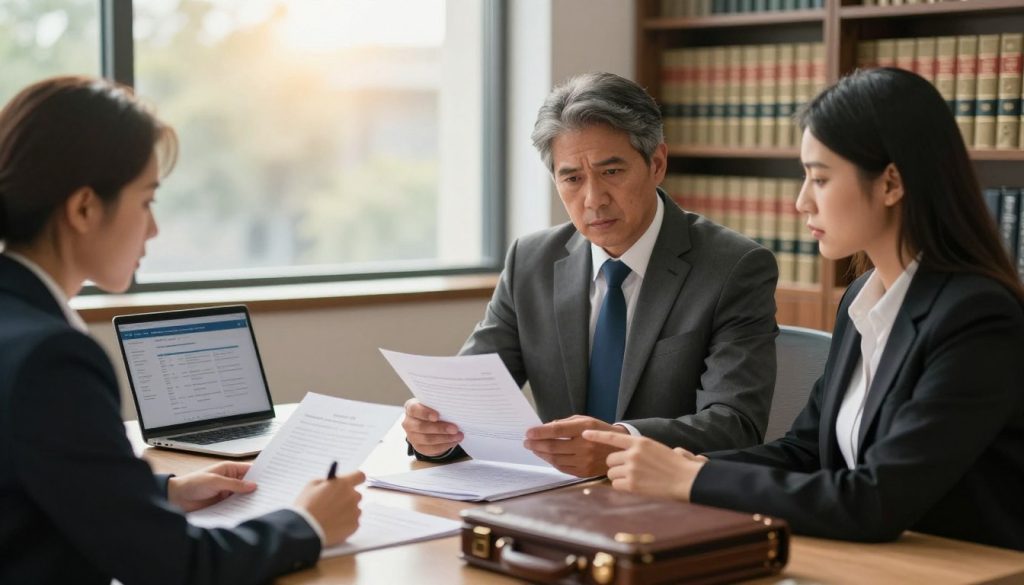 An educational scene depicting the essential immediate steps for criminal defense. In the foreground, a diverse group of three professionals in business attire—two lawyers and a client—are engaged in a serious discussion at a modern office desk. The lawyers, a middle-aged man and a young woman, are showing documents and pointing to relevant laws while the client looks attentive and concerned. In the middle, various legal documents, a laptop displaying a legal database, and a briefcase are visible, symbolizing preparation. The background features a large window with natural sunlight pouring in, casting a warm glow across the scene, and a bookshelf filled with law books. The overall atmosphere is focused and professional, conveying urgency and diligence in addressing criminal charges.