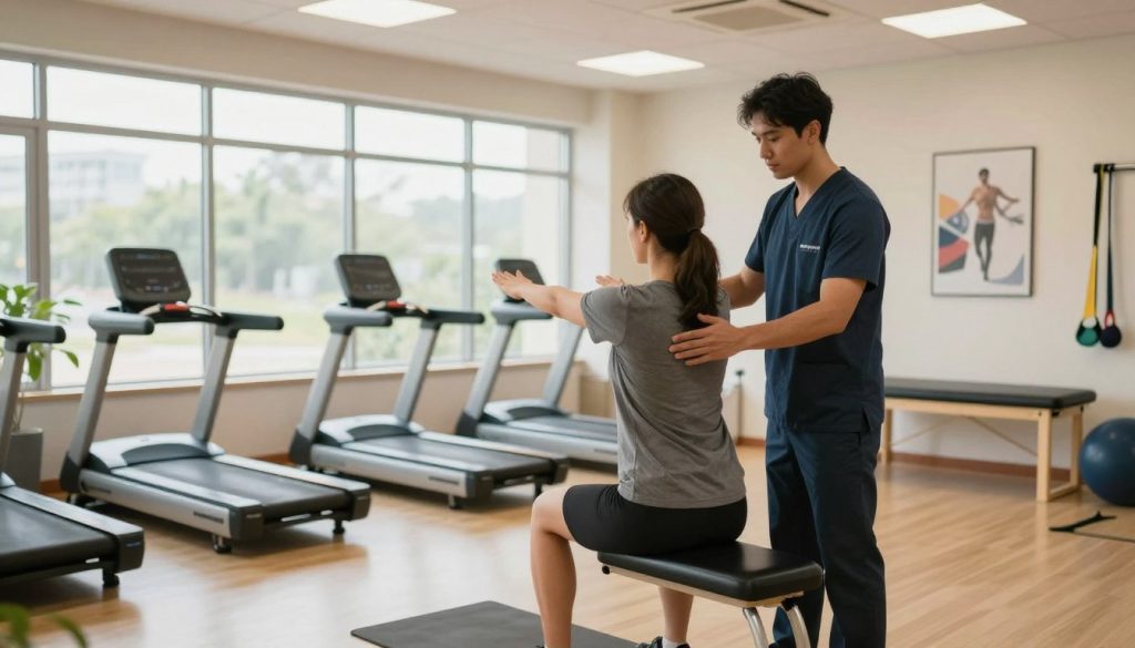 An injury recovery center interior, showcasing a spacious and well-lit rehabilitation space. In the foreground, a physical therapist guides a patient through exercises, both wearing professional attire, emphasizing teamwork and support. The middle ground features various rehabilitation equipment like treadmills, resistance bands, and balance boards, arranged in an inviting manner. The background reveals large windows allowing natural light to flood the room, with inspirational artwork on the walls promoting recovery and resilience. Soft, warm lighting enhances the welcoming atmosphere, creating a sense of hope and determination. A slight depth of field effect, captured with a 35mm lens, focuses on the therapist and patient while gently blurring the surrounding equipment, conveying a professional yet comforting environment.